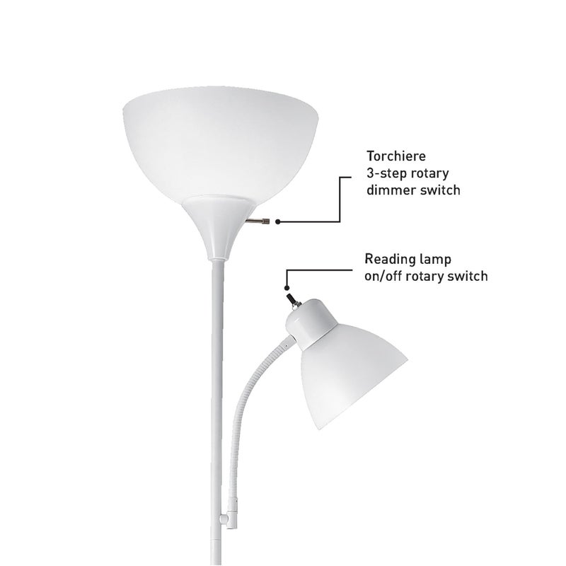 GLOBE Electric 67136 72" Torchiere Floor Lamp with Adjustable Reading Light, Matte White Finish, Frosted Shades, Rotary Switch on Socket, E26 Base - Image 5